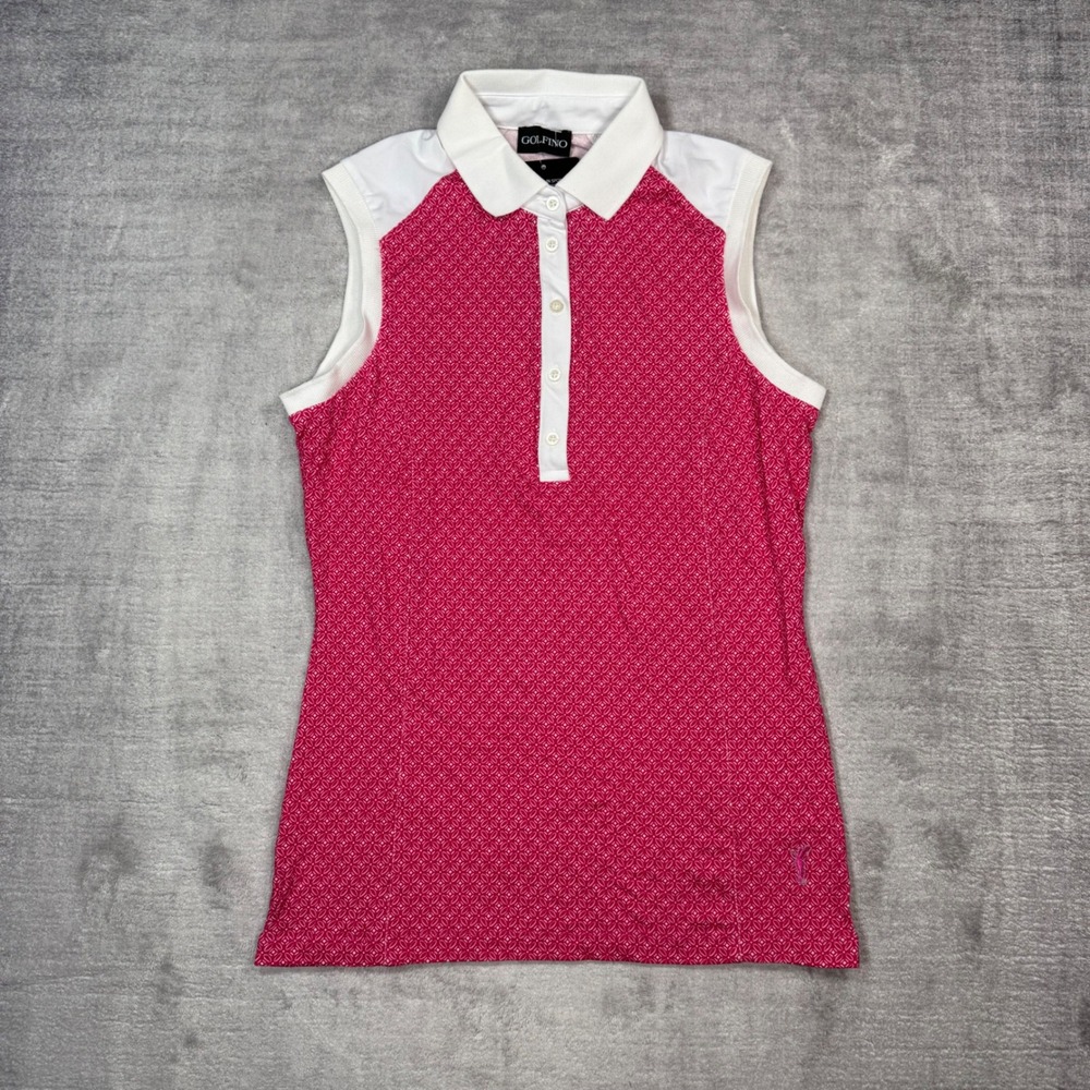 GOLFINO Shirt Women 4 Pink White Geometric Print Out Of Bounds Sleeveless Polo